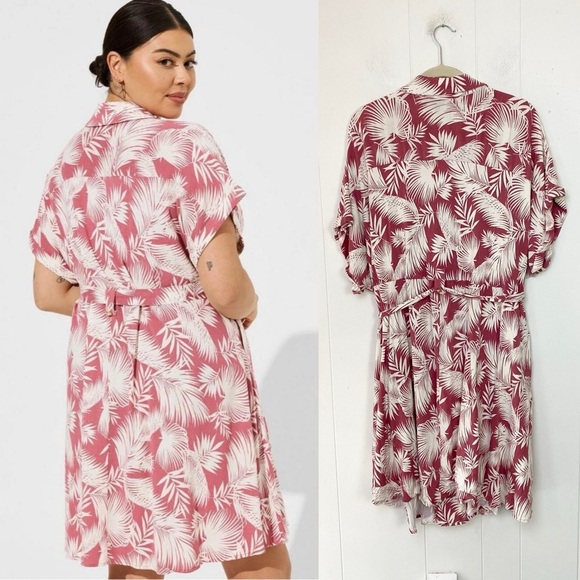 Torrid Collared Dress shirt Dress Size 4X Shaded Palm Button Front Rayon Pink - Picture 2 of 15